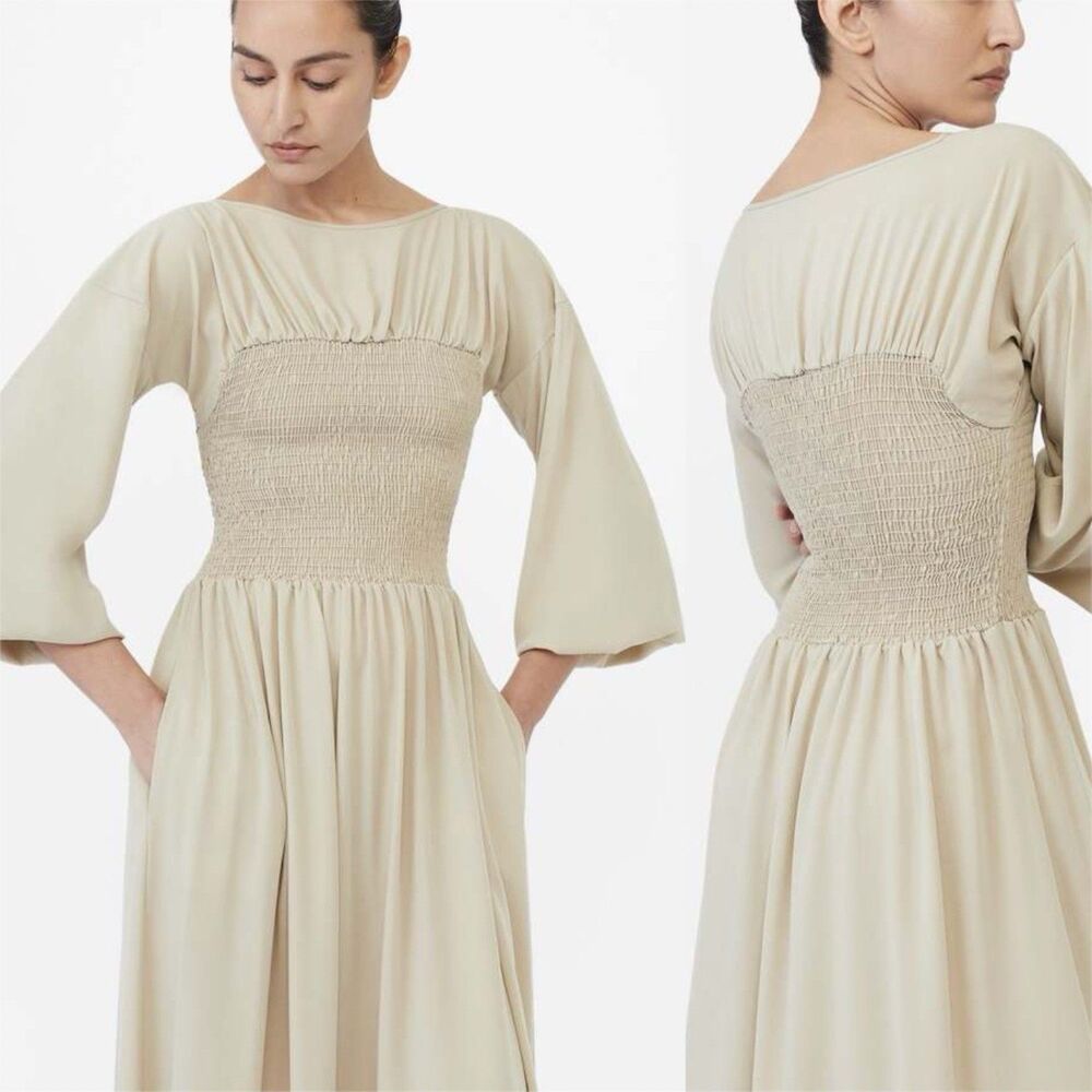 Dal the Label Women’s Smocked Cotton Cupro Midi Dress, Sand Beige Size L NWT